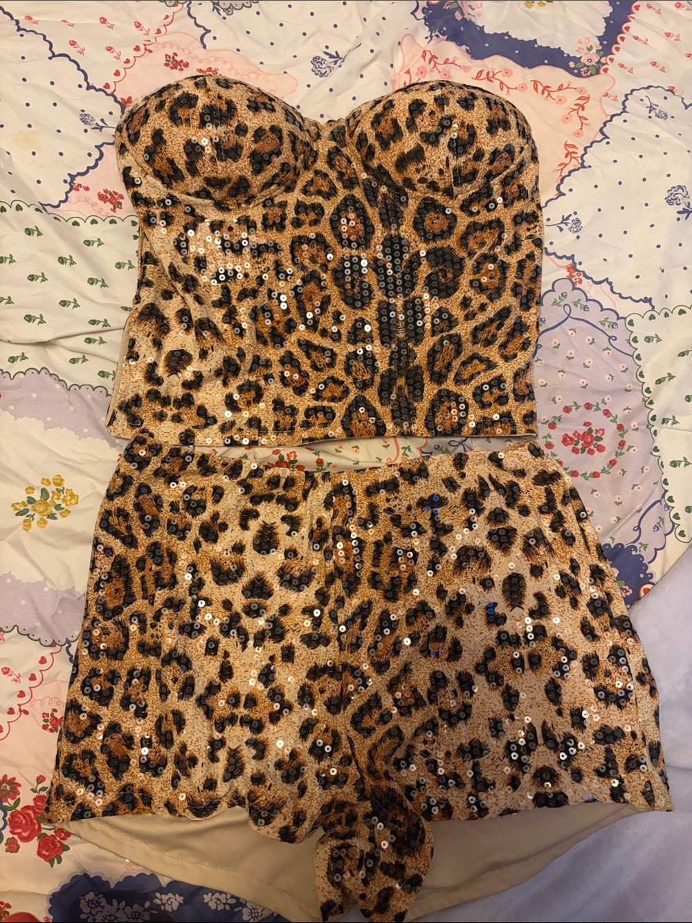 Fashion Nova Leopard Sequin Strapless Short Set - Brown
